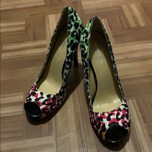 9 West Rainbow Leopard Peep Toe Heels 7 1/2 NWOB